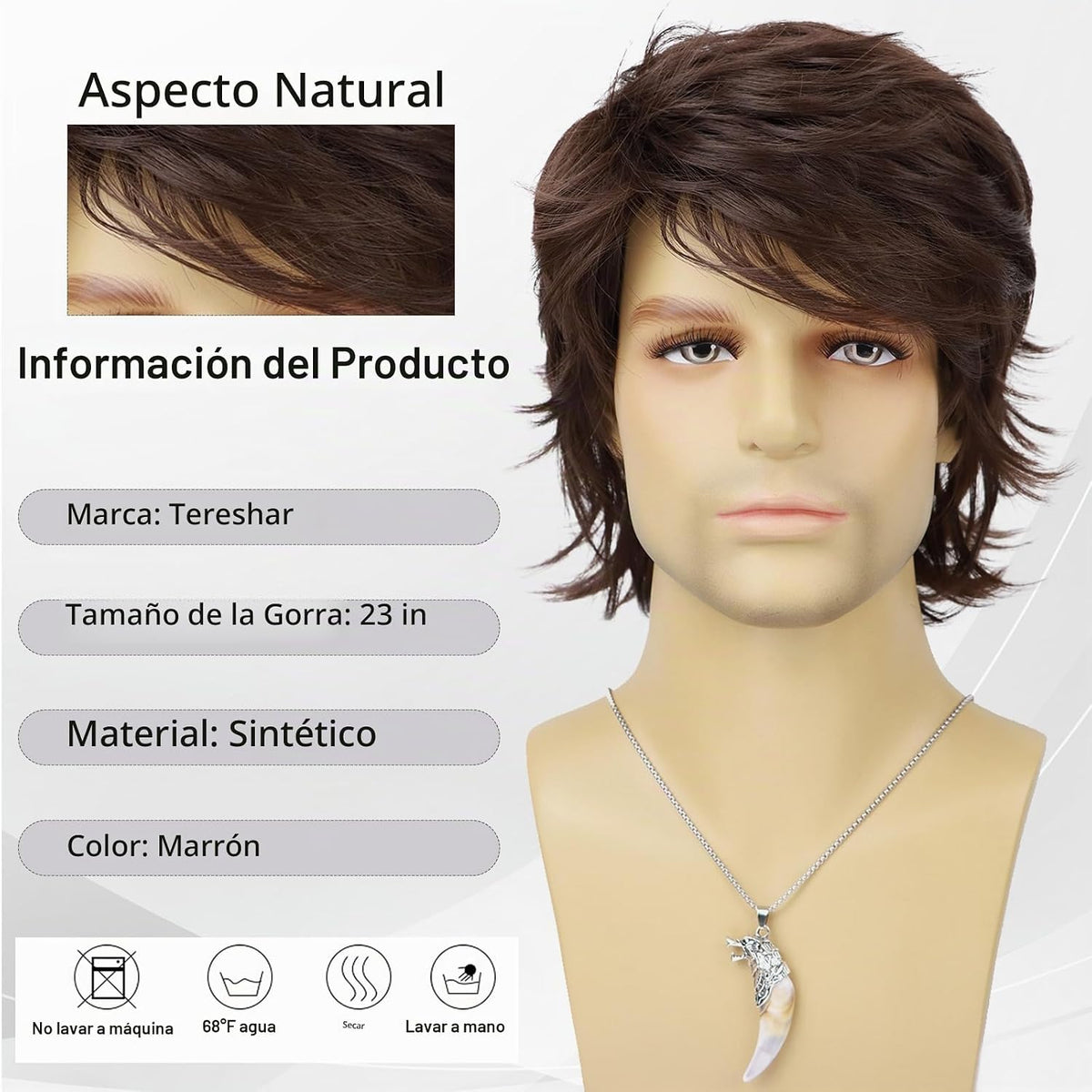 Tereshar Peluca de cabello sintético para hombre, de color marrón,...