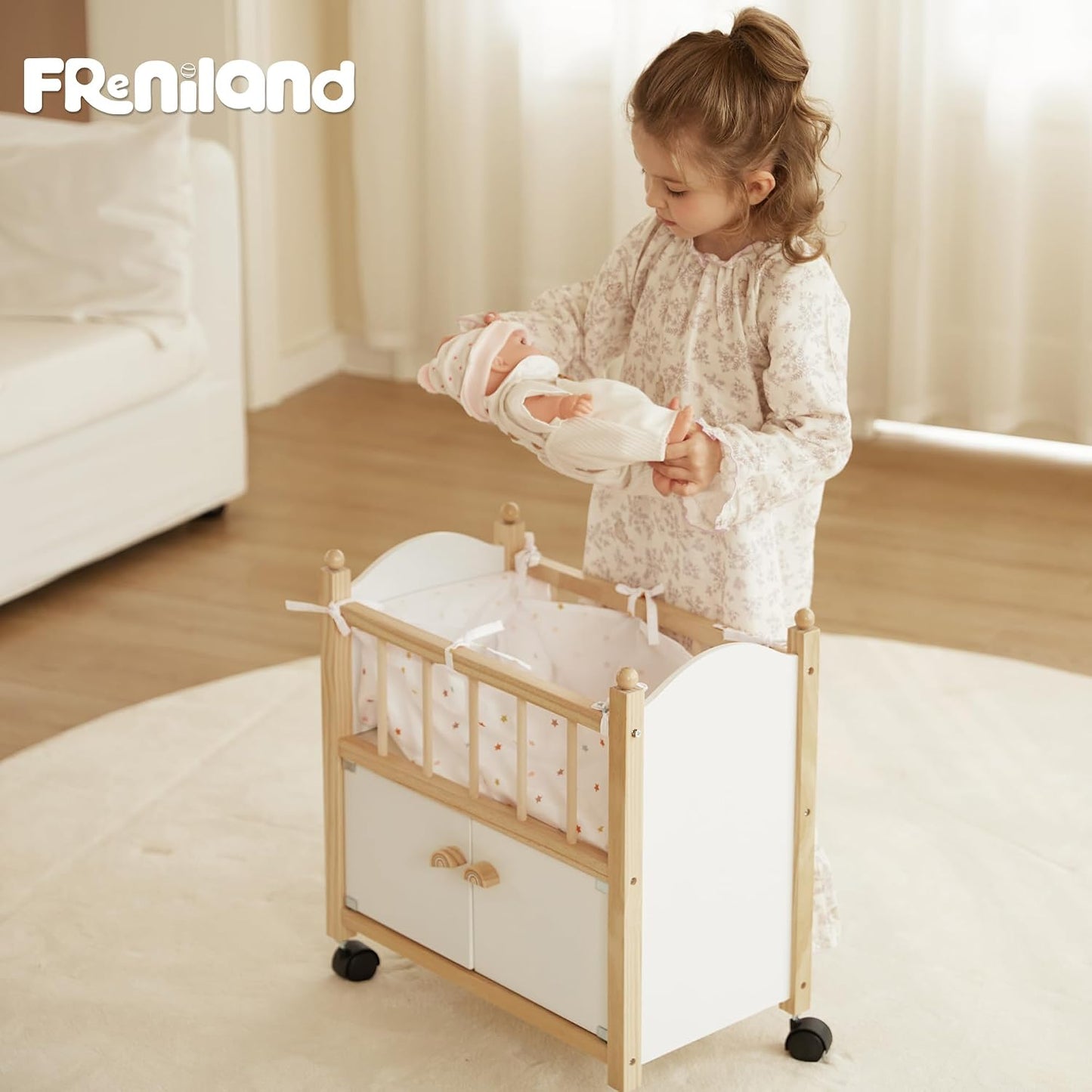 Freniland Cama de madera para muñecas con almacenamiento, ruedas y...