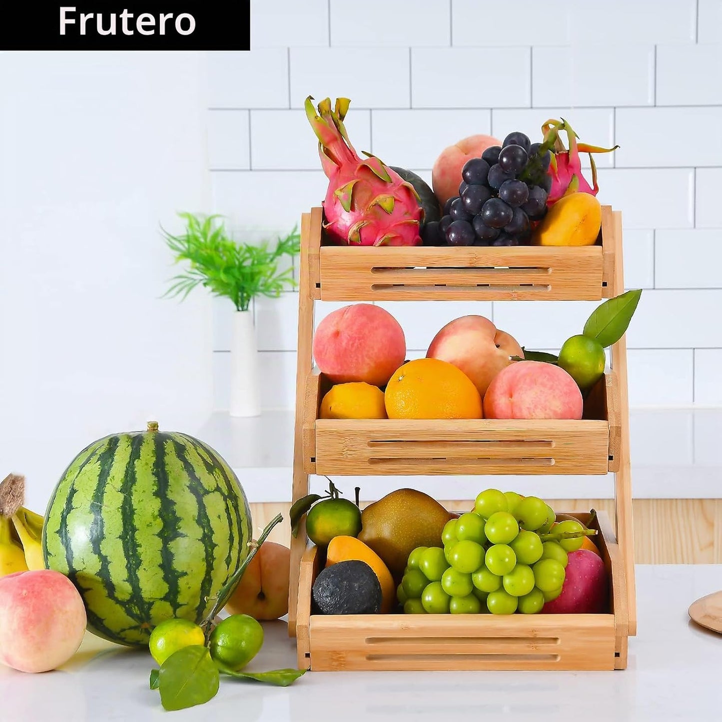 VIKEYHOME Cesta de Frutas, Cesta de Bambú de 3 Niveles para Cocina,...