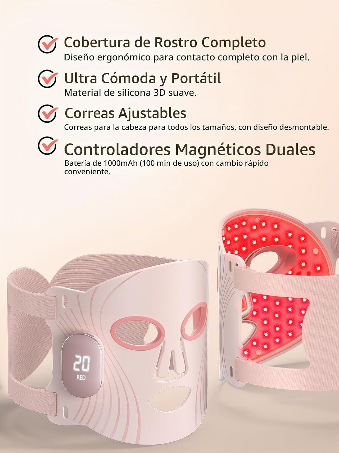 HALIDODO Terapia de luz roja para la cara, máscara facial LED de te...