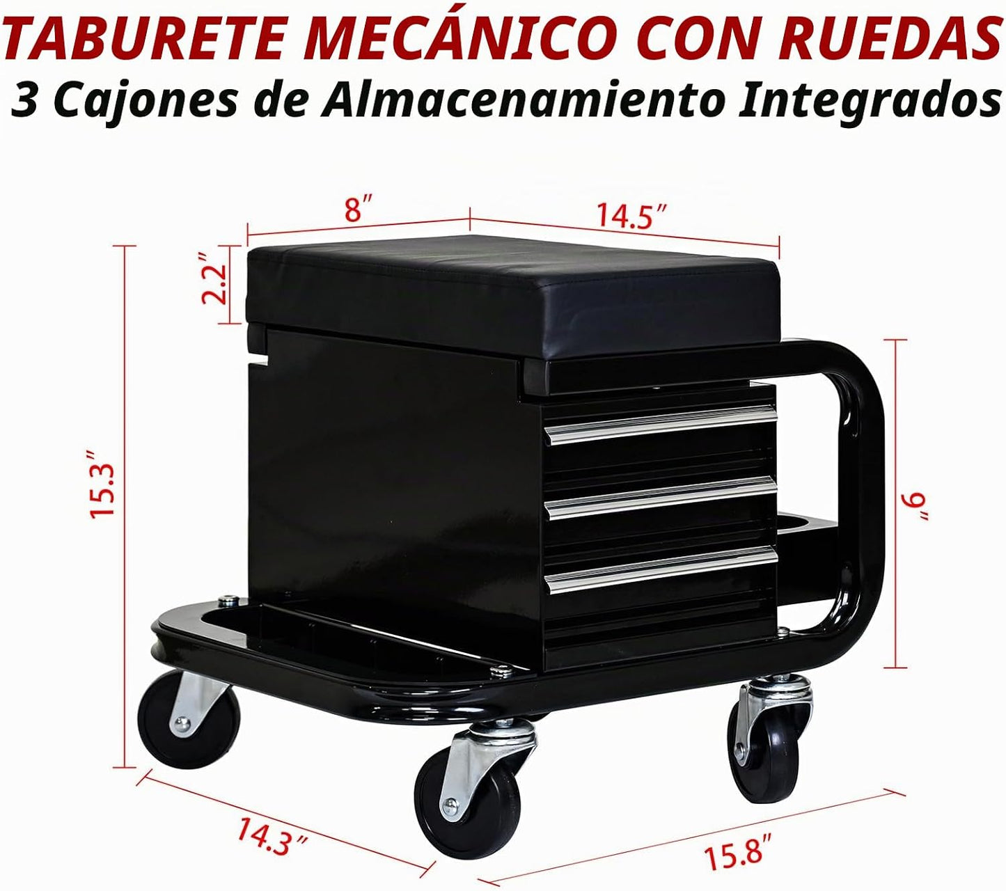 Taburete mecánico rodante con ruedas, asiento deslizante con 3 cajo...