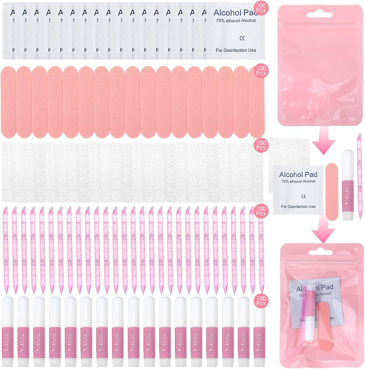 Kit de 100 herramientas de uñas a presión rosa para empresas, kit d...