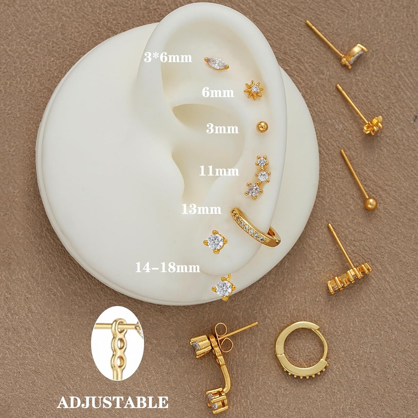 Set de 6 aretes de mujer tipo dormilona chapados en oro de 14 quila...