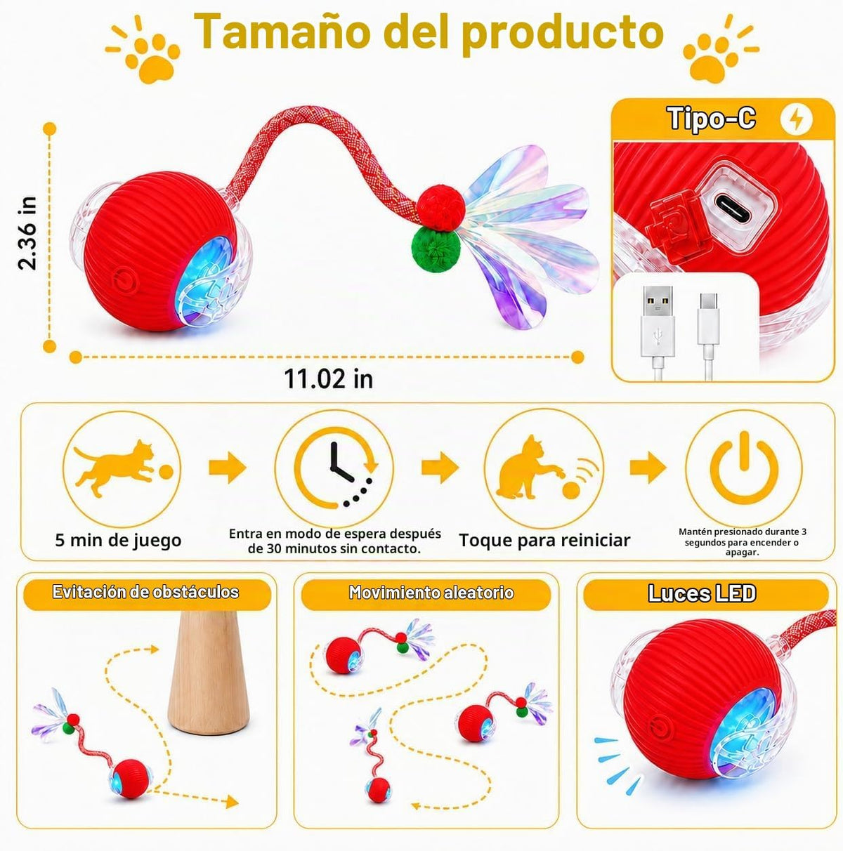 Yaruiguang Nuevo Juguete de Bola para Gatos Actualizado - Cola Rápi...