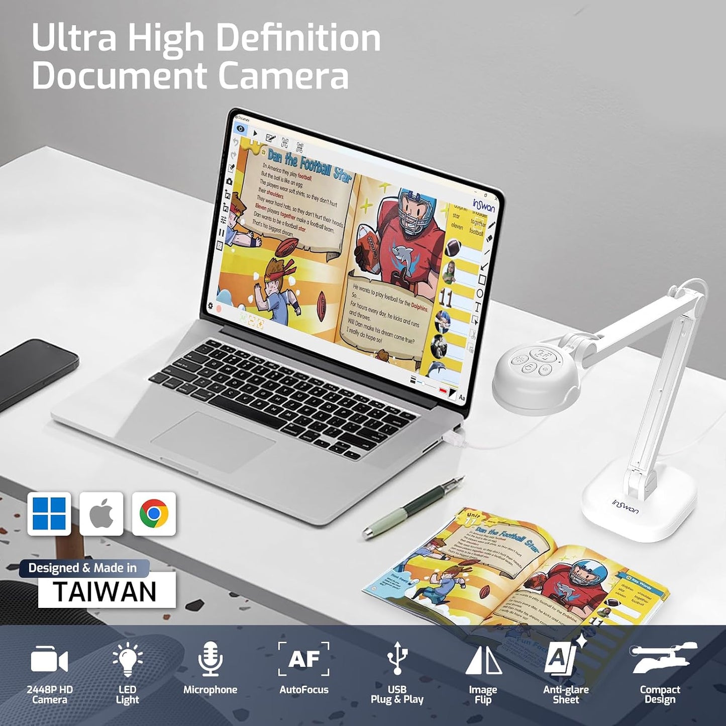 Cámara de documentos USB INSWAN INS-1 \u2014 8MP Ultra HD, enfoque...