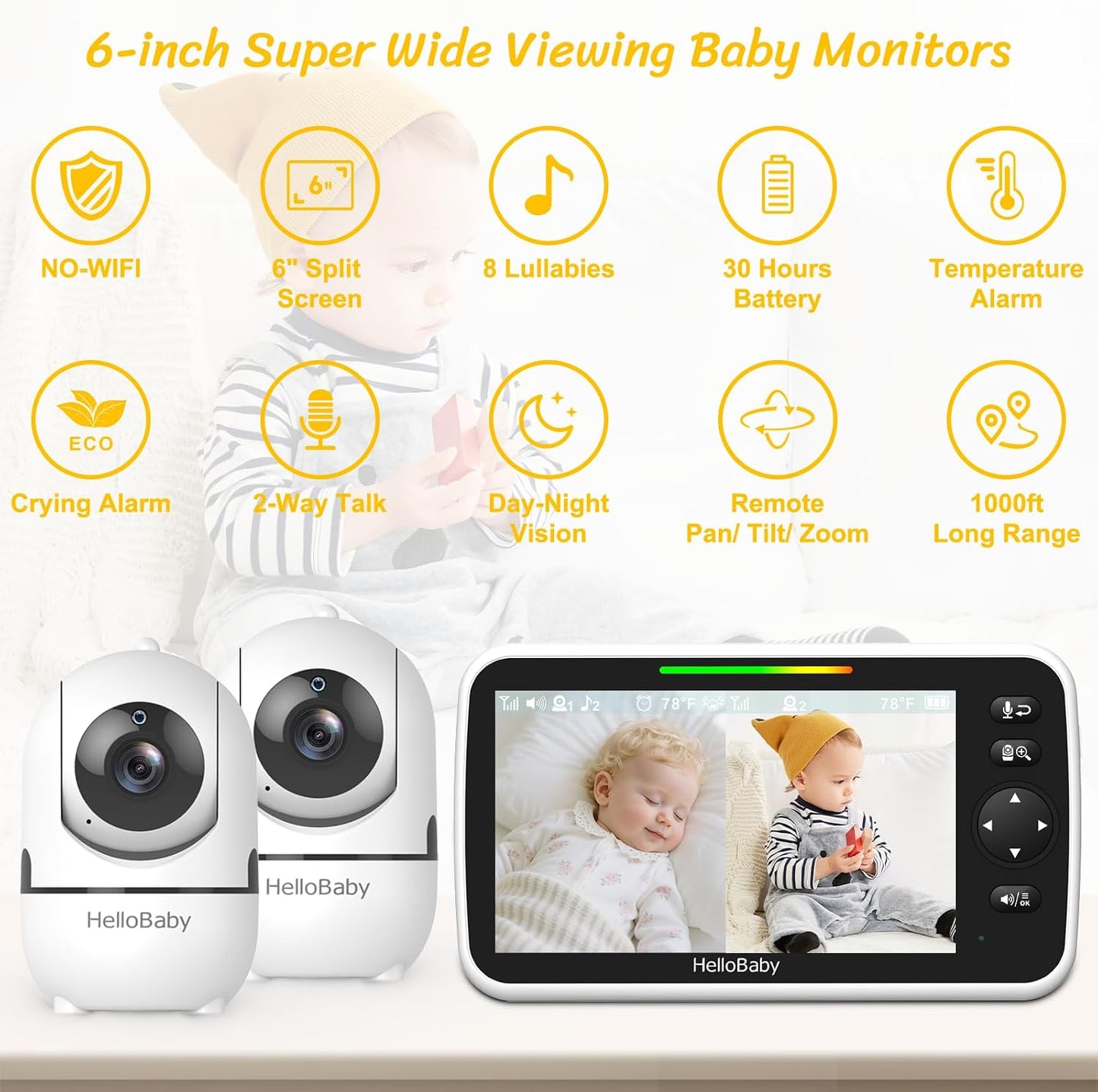HelloBaby - Monitor de bebé con pantalla dividida de 6 pulgadas, si...