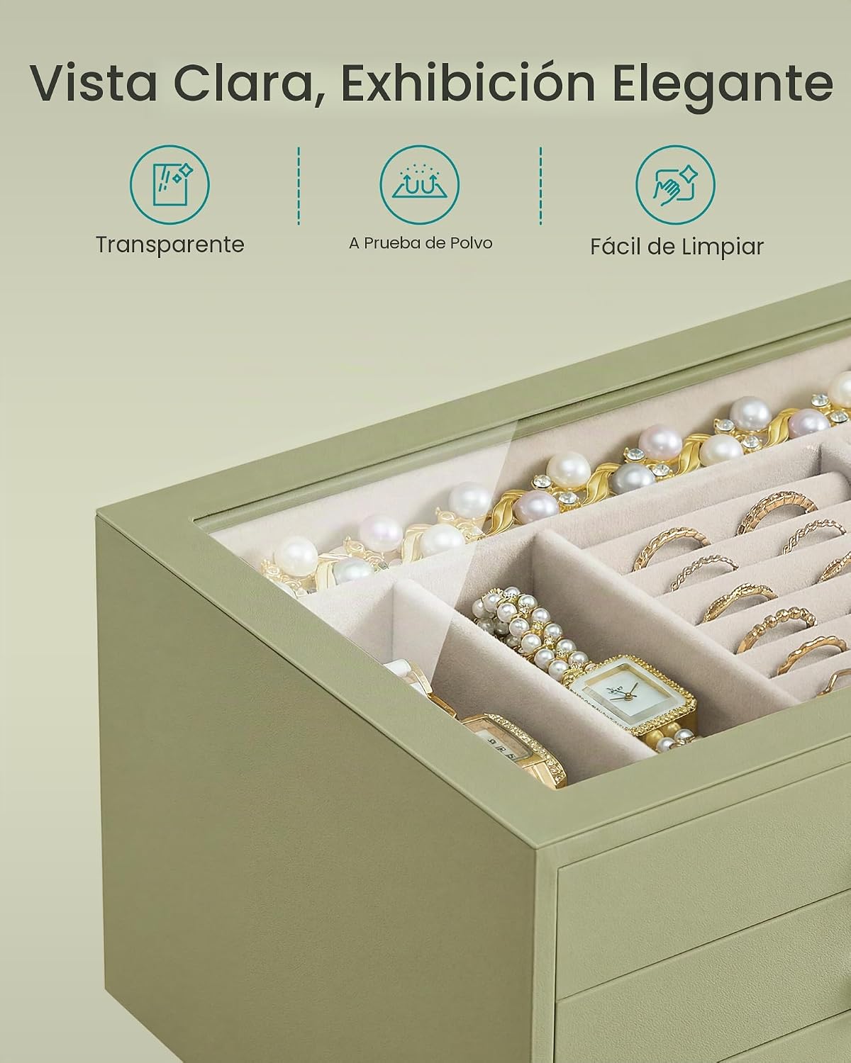 SONGMICS Joyero de 3 capas con ventana de cristal, organizador de a...