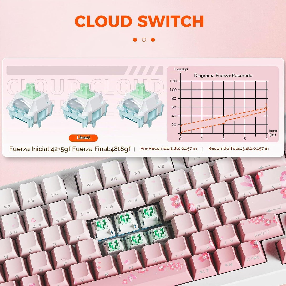 DAREU EK75PRO Teclado Mecánico Inalámbrico Rosa Sakura, 75% Hot Swa...