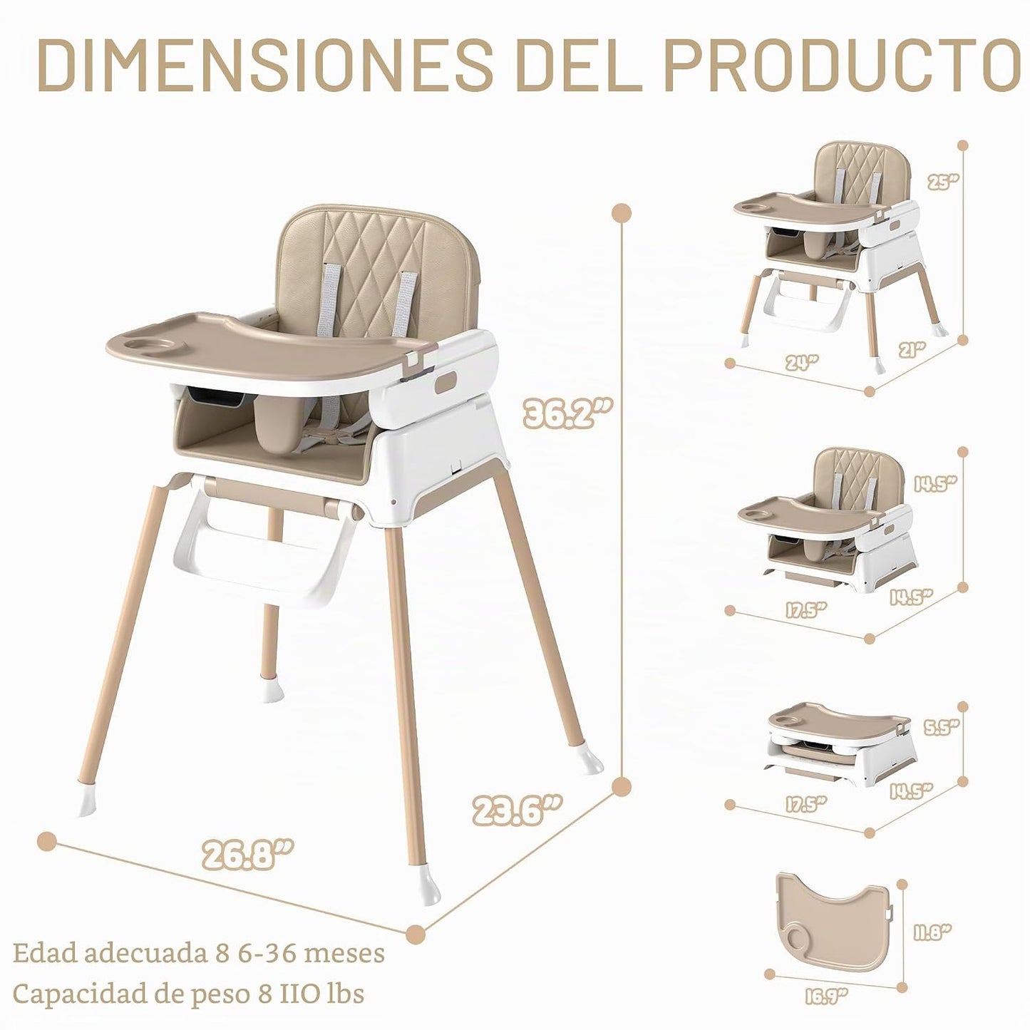 Silla alta 4 en 1 para bebés y niños pequeños, asiento elevador con...