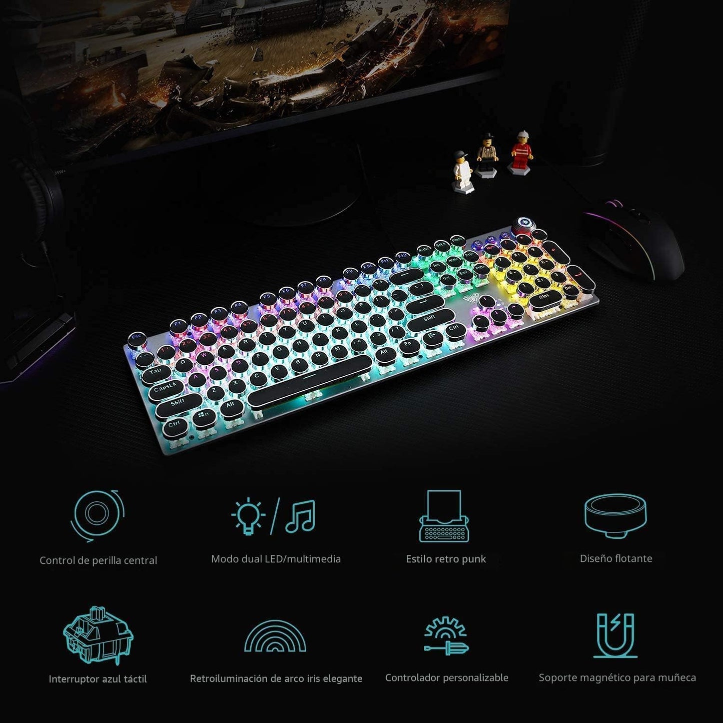 AULA Combo de teclado para juegos con cable, teclado mecánico retro...