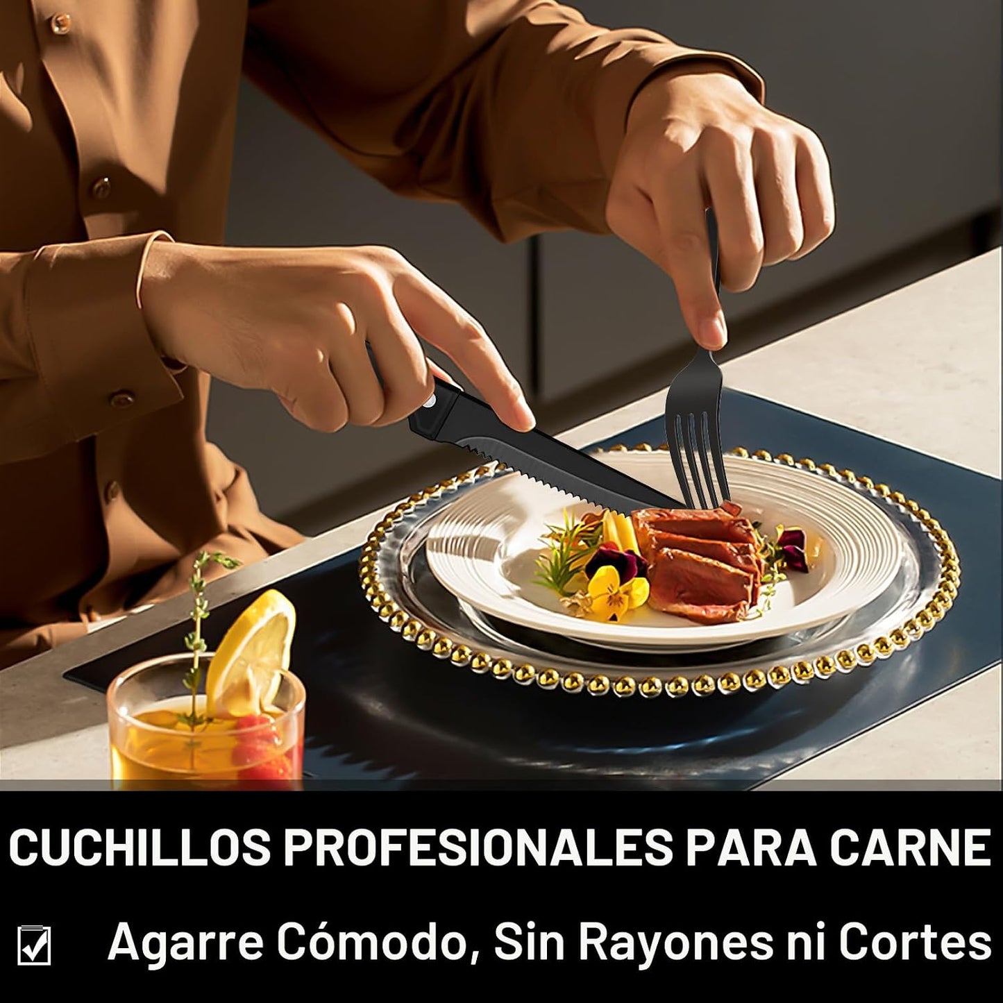 Juego de cubiertos negros de 49 piezas con organizador, juego de cu...