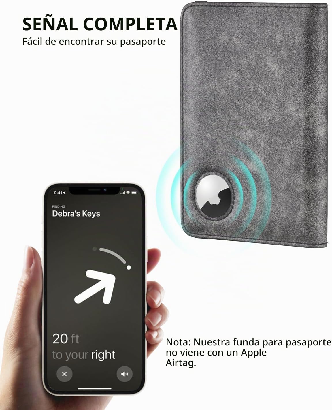Stouchi Porta Pasaporte AirTag, Gris | Piel sintética ultradelgada...