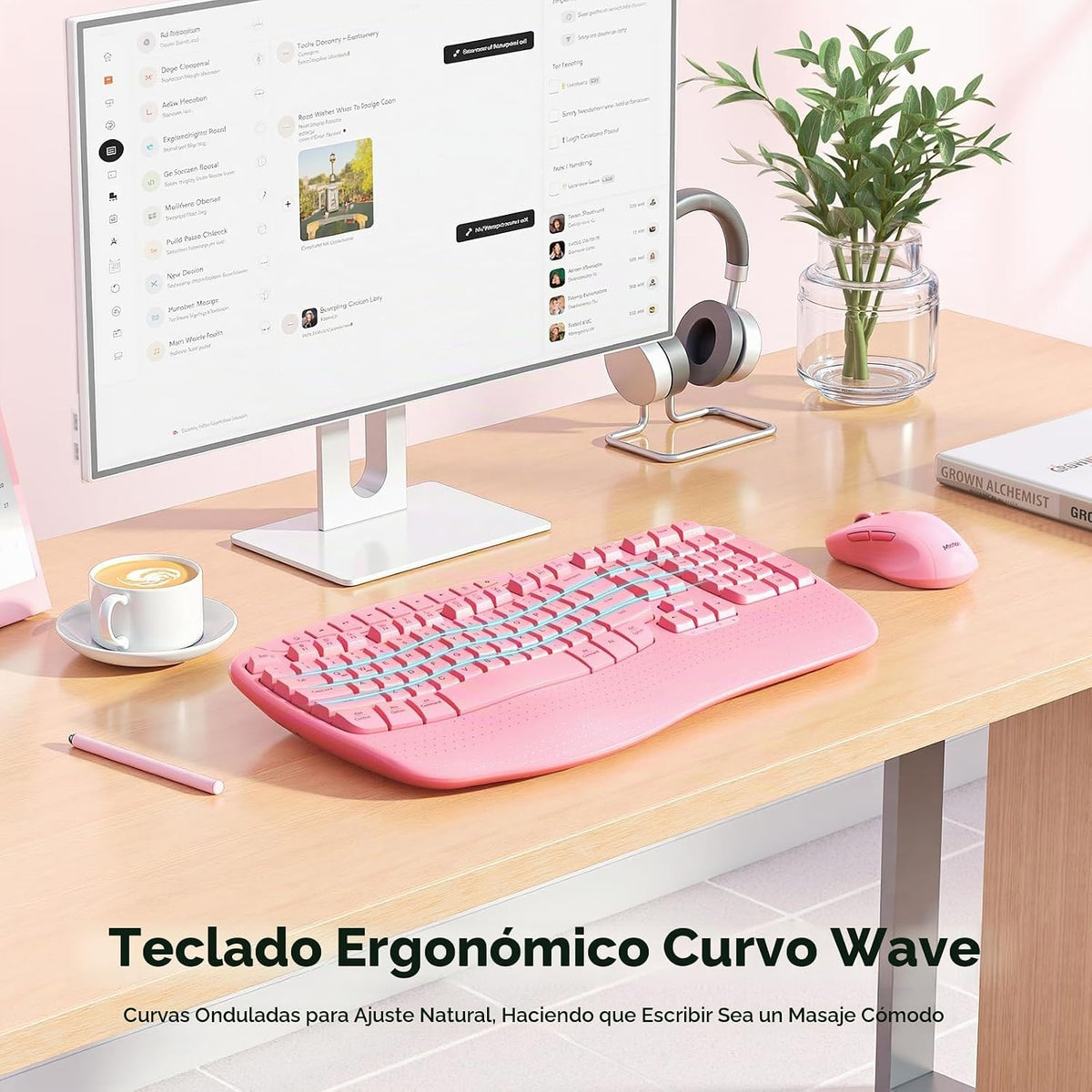 MEETION Teclado y ratón inalámbricos ergonómicos, teclas onduladas...