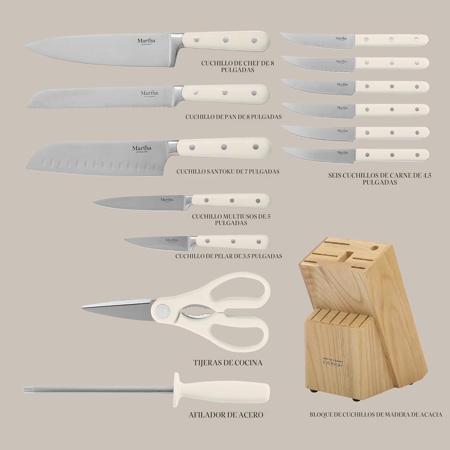 MARTHA STEWART Eastwalk Juego de 14 cuchillos de cocina de acero in...