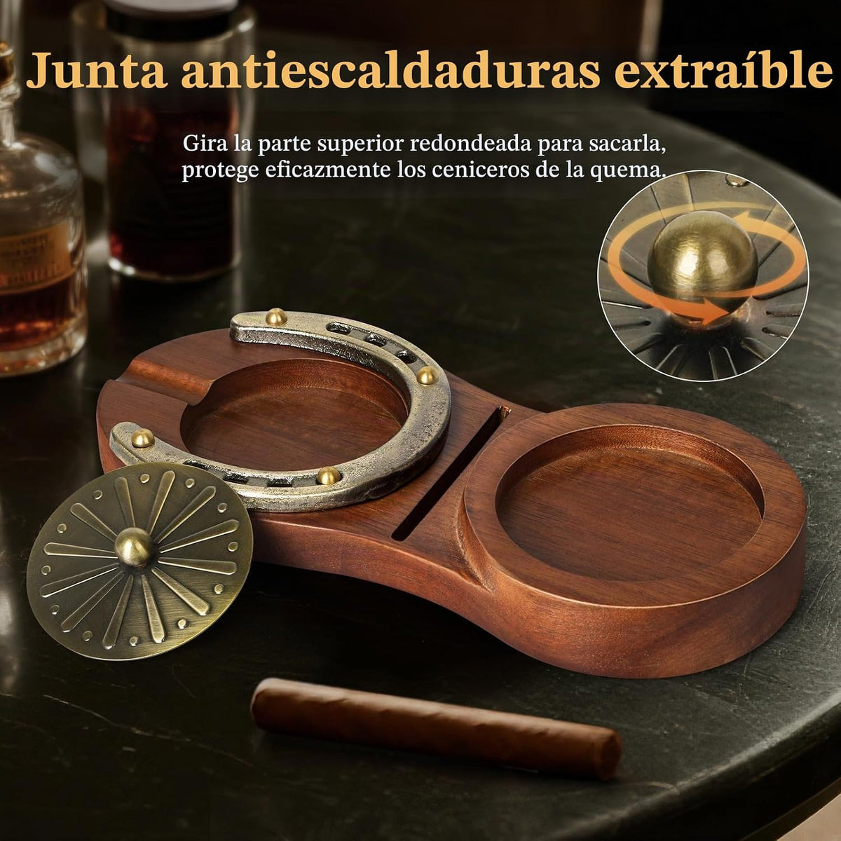 SEMKONT Cenicero de puros, bandeja de madera de herradura para whis...