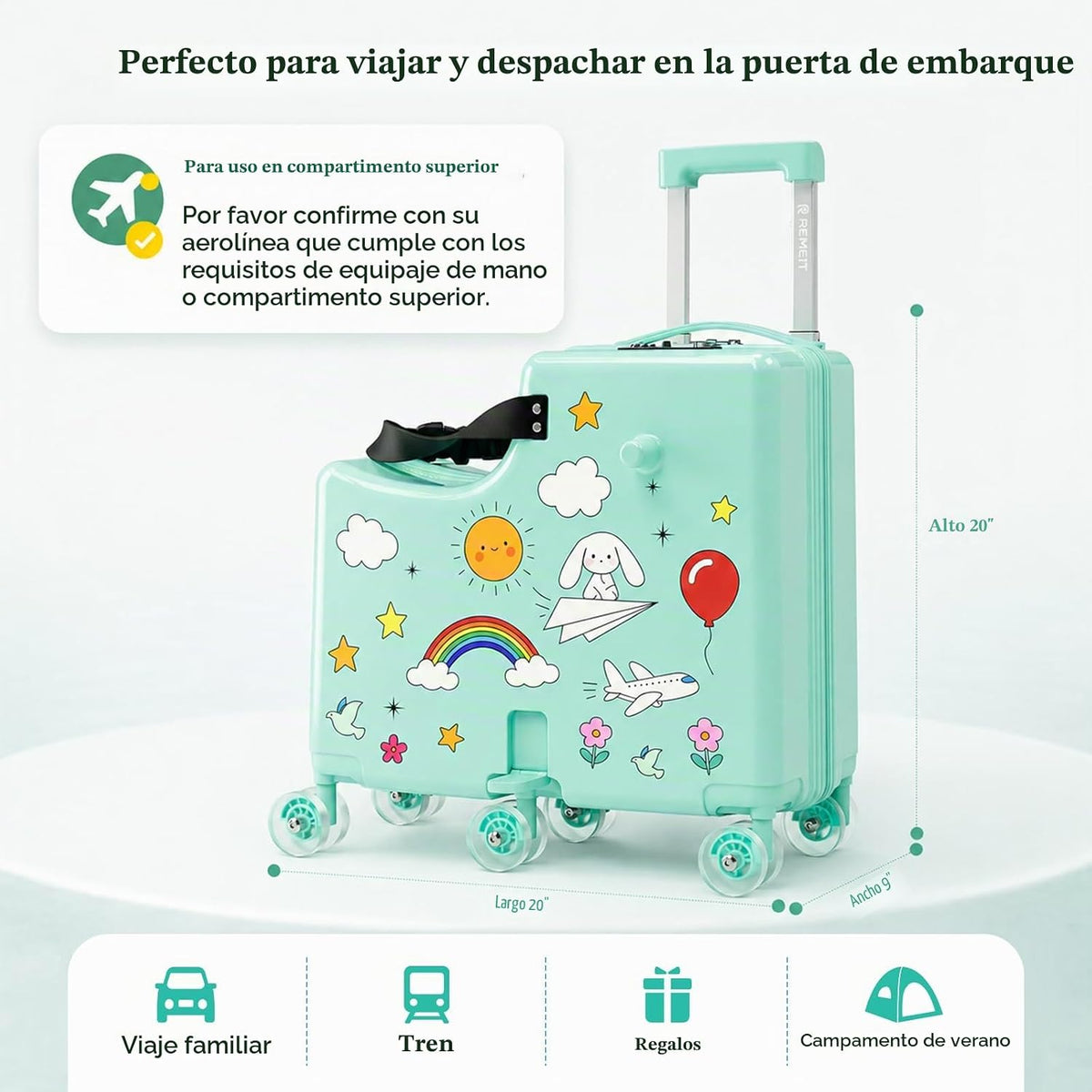 REMEIT Maleta de mano para niños, Verde, Montar