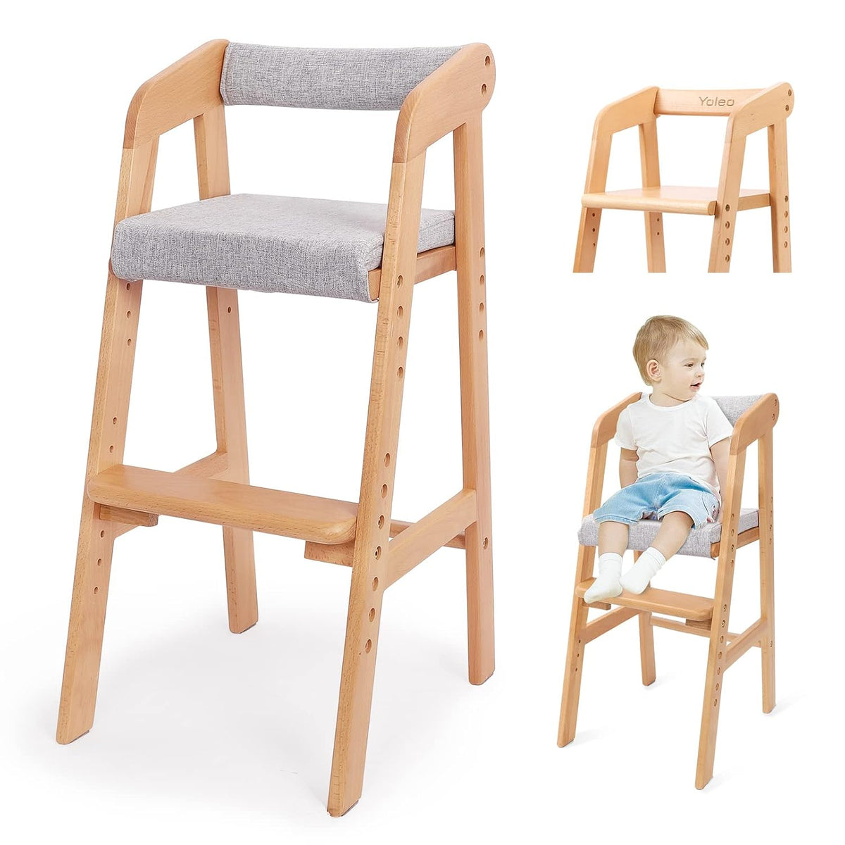 Trona de madera para niños pequeños, silla de alimentación ajustabl...