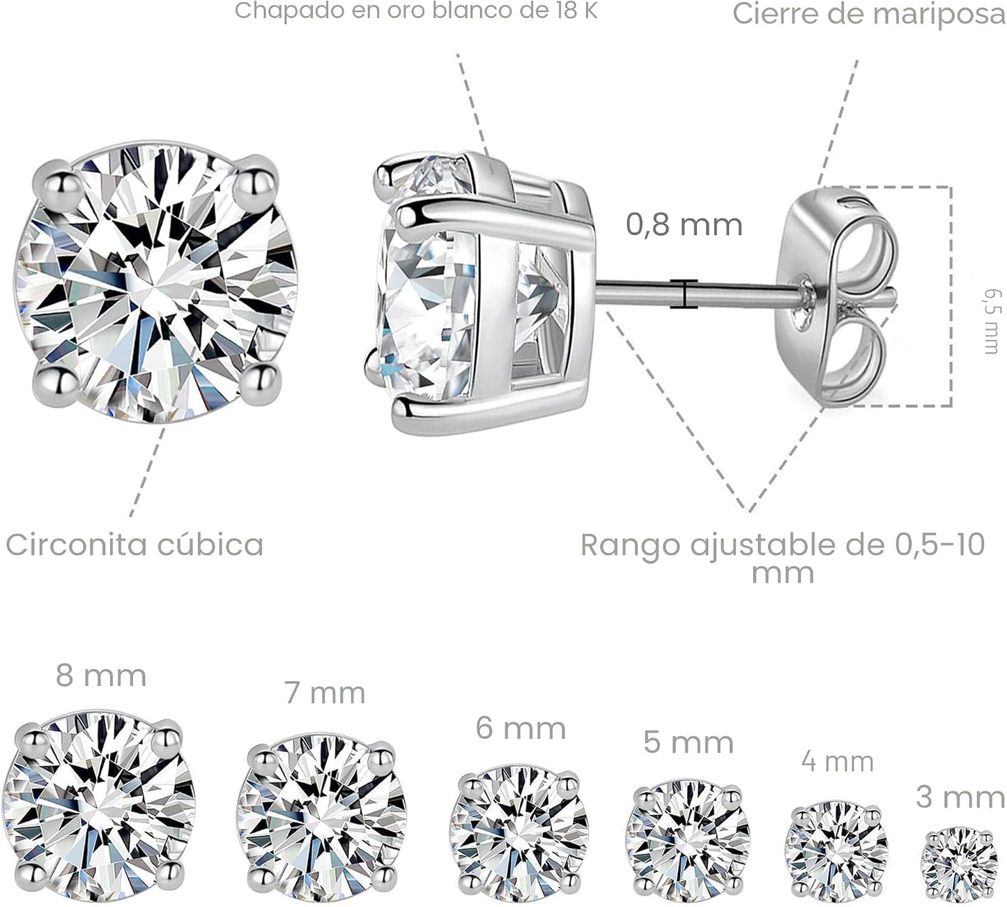 Aretes tipo dormilona chapados en oro blanco de 18 quilates con cir...