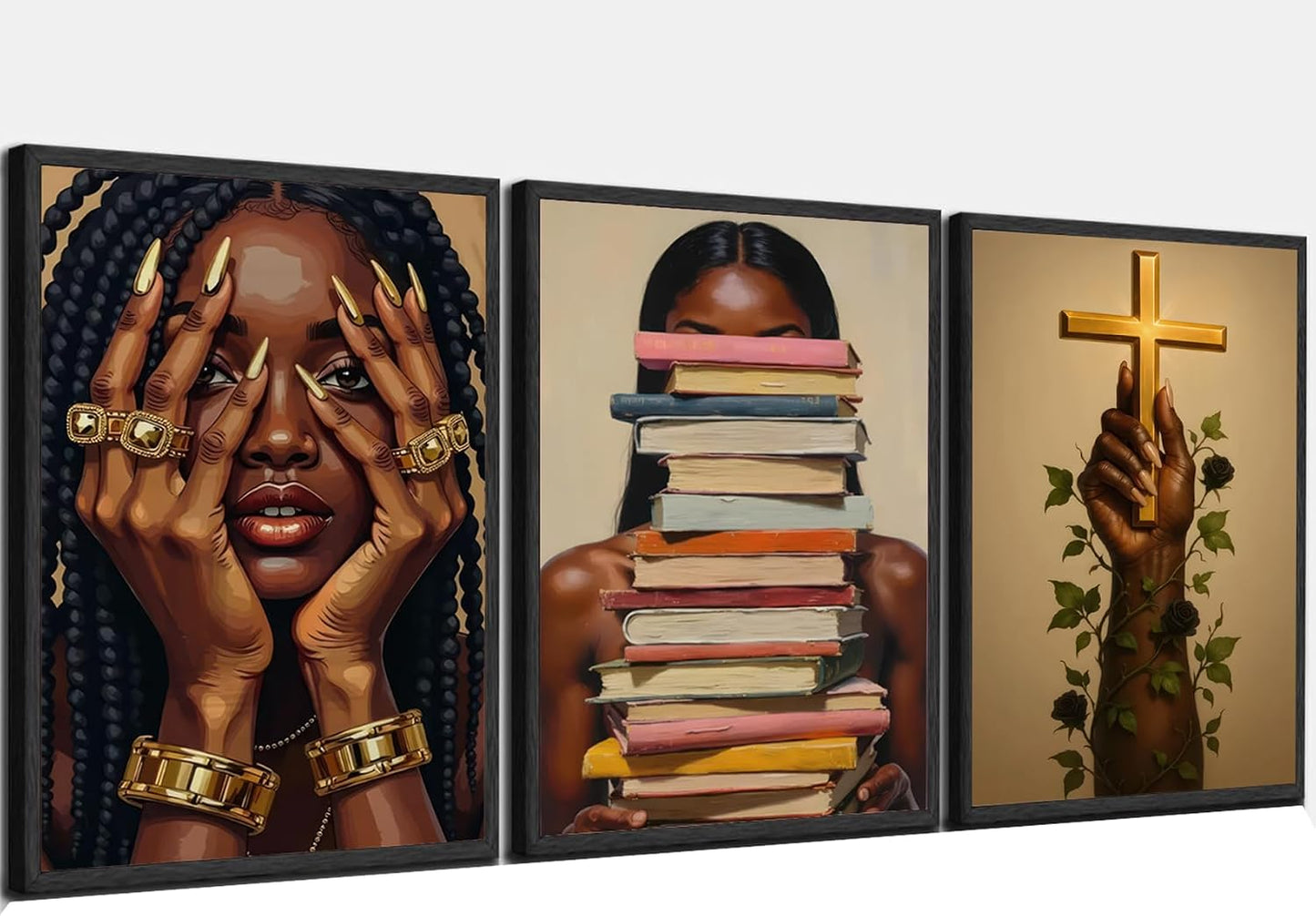 3 piezas de lienzo de niña negra para pared, póster de pintura afro...