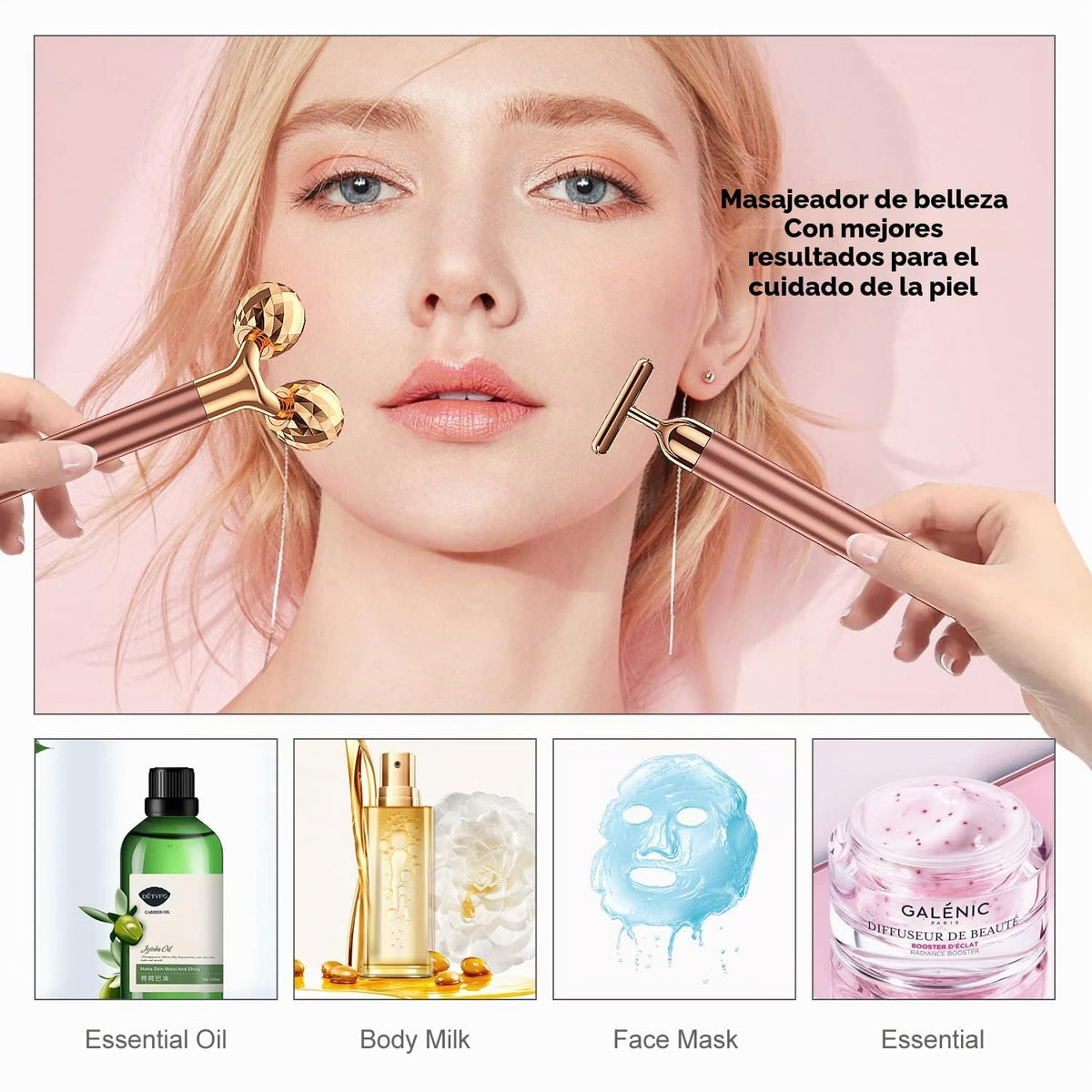Masajeador facial 2 en 1 Beauty Bar de pulso dorado de 24 quilates,...