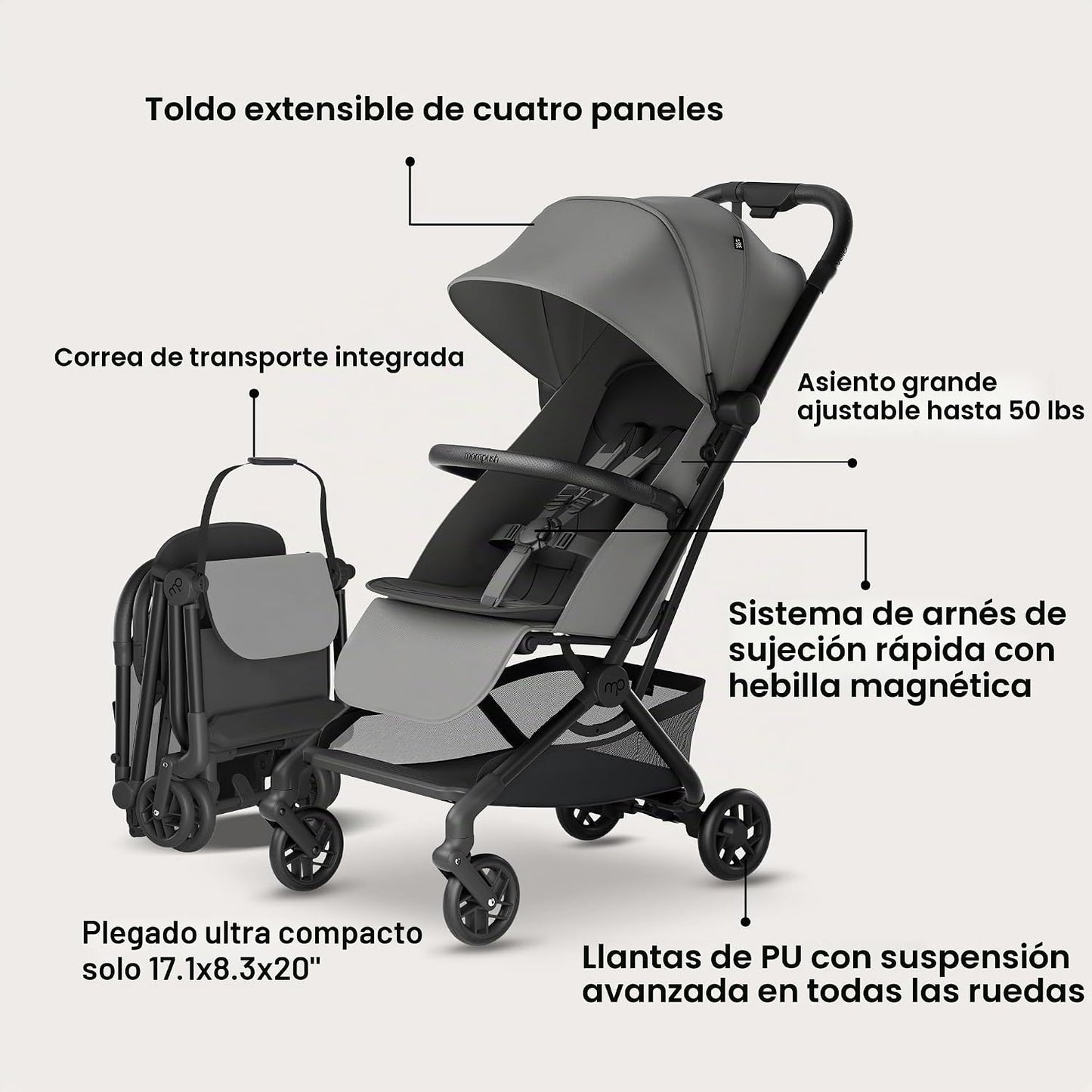 Mompush Velo - Cochecito de viaje compacto plegable con una sola ma...