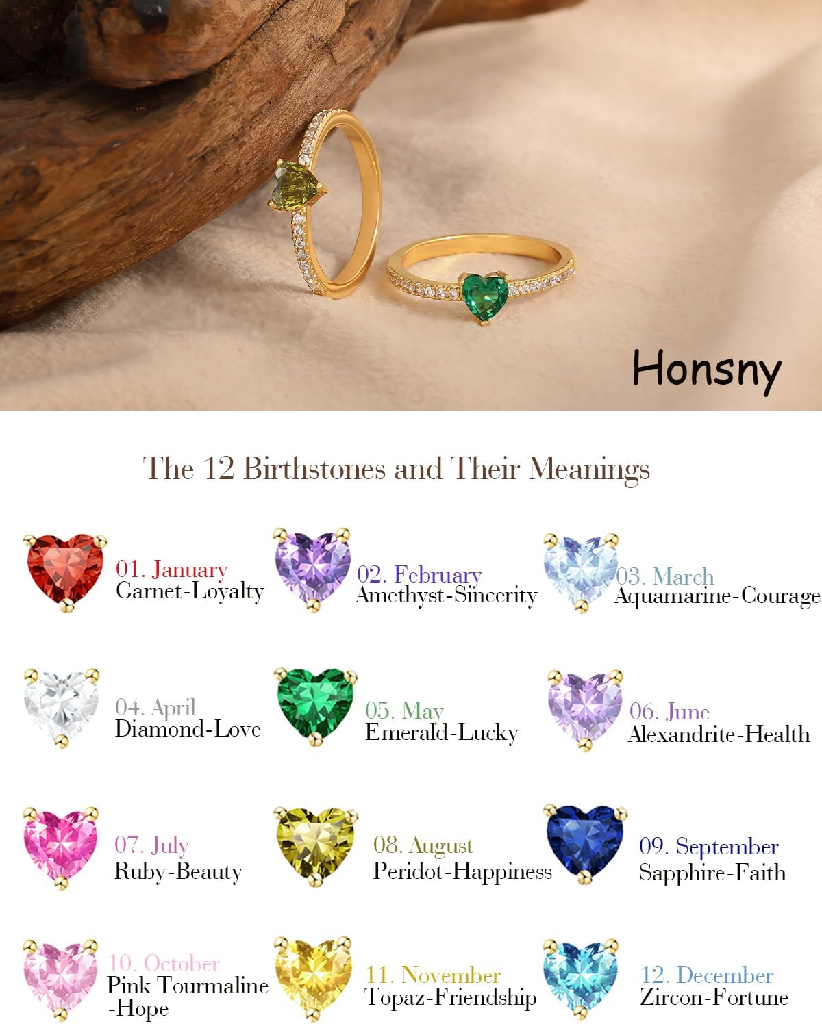 Honsny Anillos de oro con piedra natal de corazón para mujer, no se...