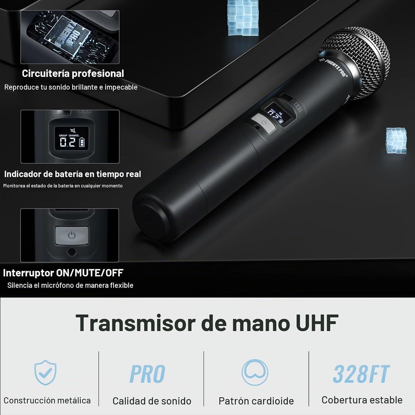 Phenyx Pro Sistema de micrófono inalámbrico de 4 canales con escane...