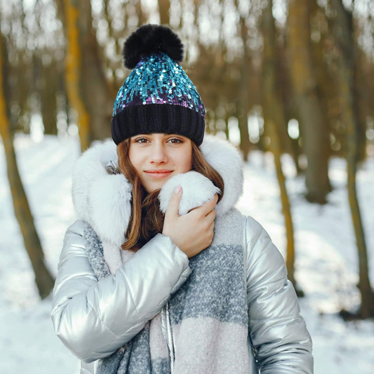 Homiton Gorro de punto tipo beanie con lentejuelas para mujer con p...