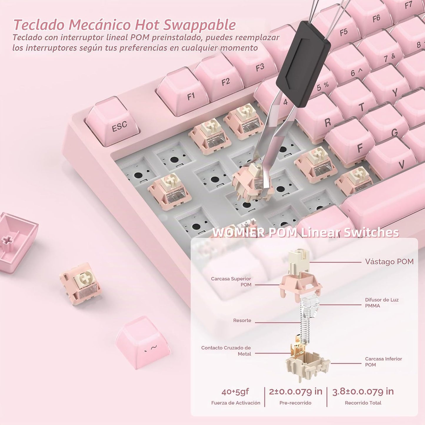 Womier Teclado Mecánico Inalámbrico Rosa Cremoso 75% con Pantalla M...