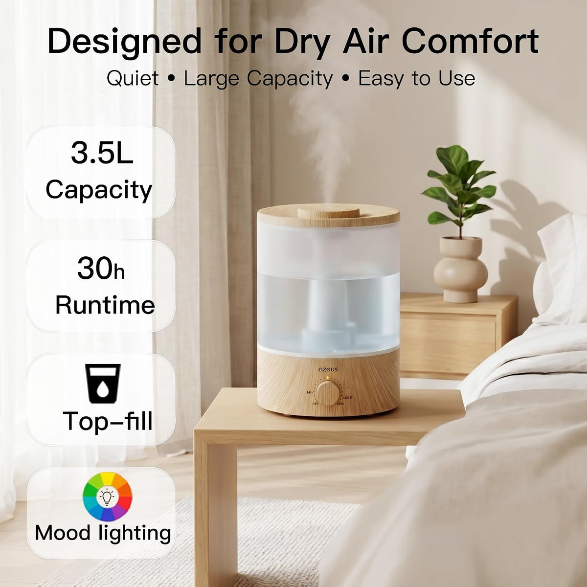 AZEUS Humidificador de niebla fría de 3.5L con luz nocturna de 7 co...