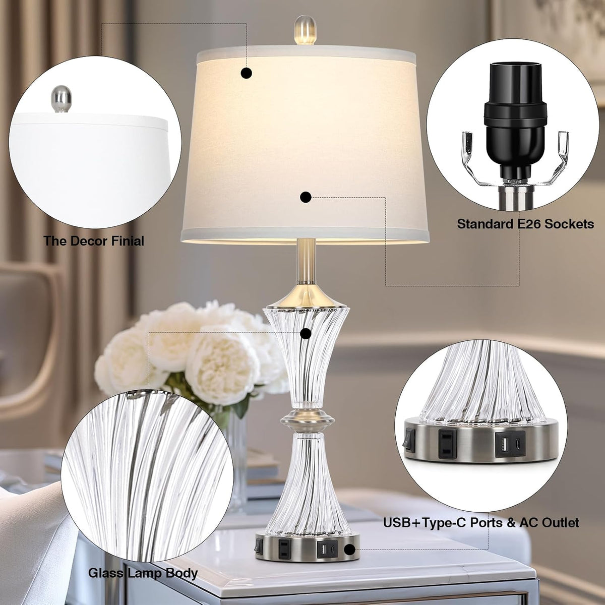 Rinweey - Lámpara de mesa de vidrio de cristal con puertos USB C+A...