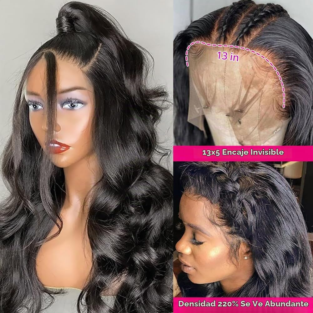 Peluca de pelo natural con malla frontal para mujer, línea capilar...
