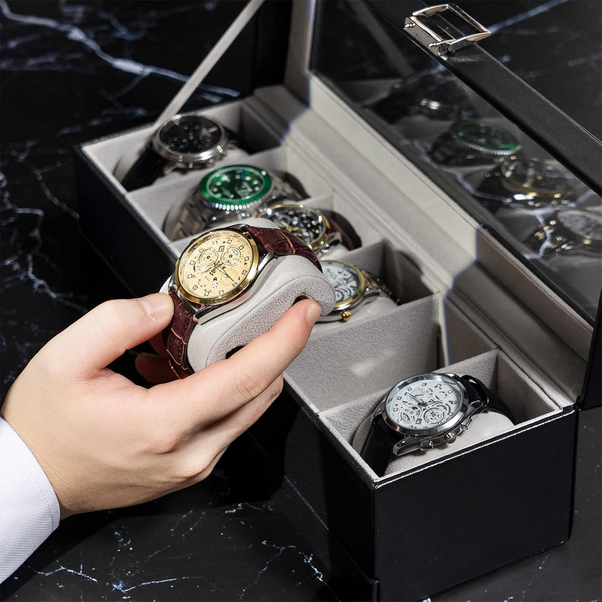 ProCase Caja de reloj, vitrina de reloj de 6 ranuras con cajón, col...
