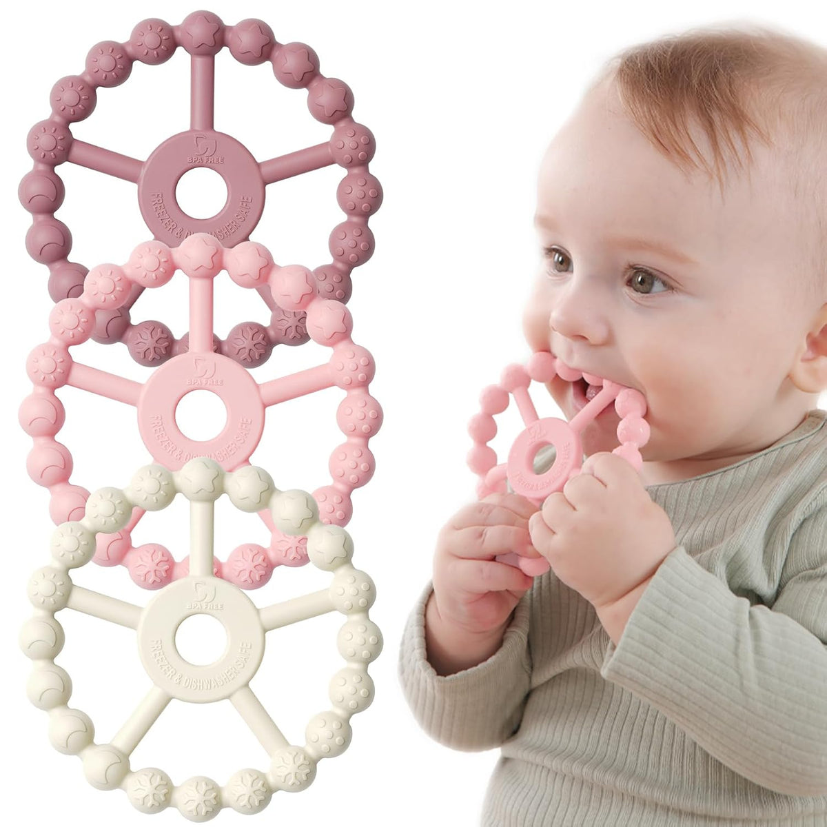 Paquete de 3 mordedores de anillos para bebés, esenciales para bebé...