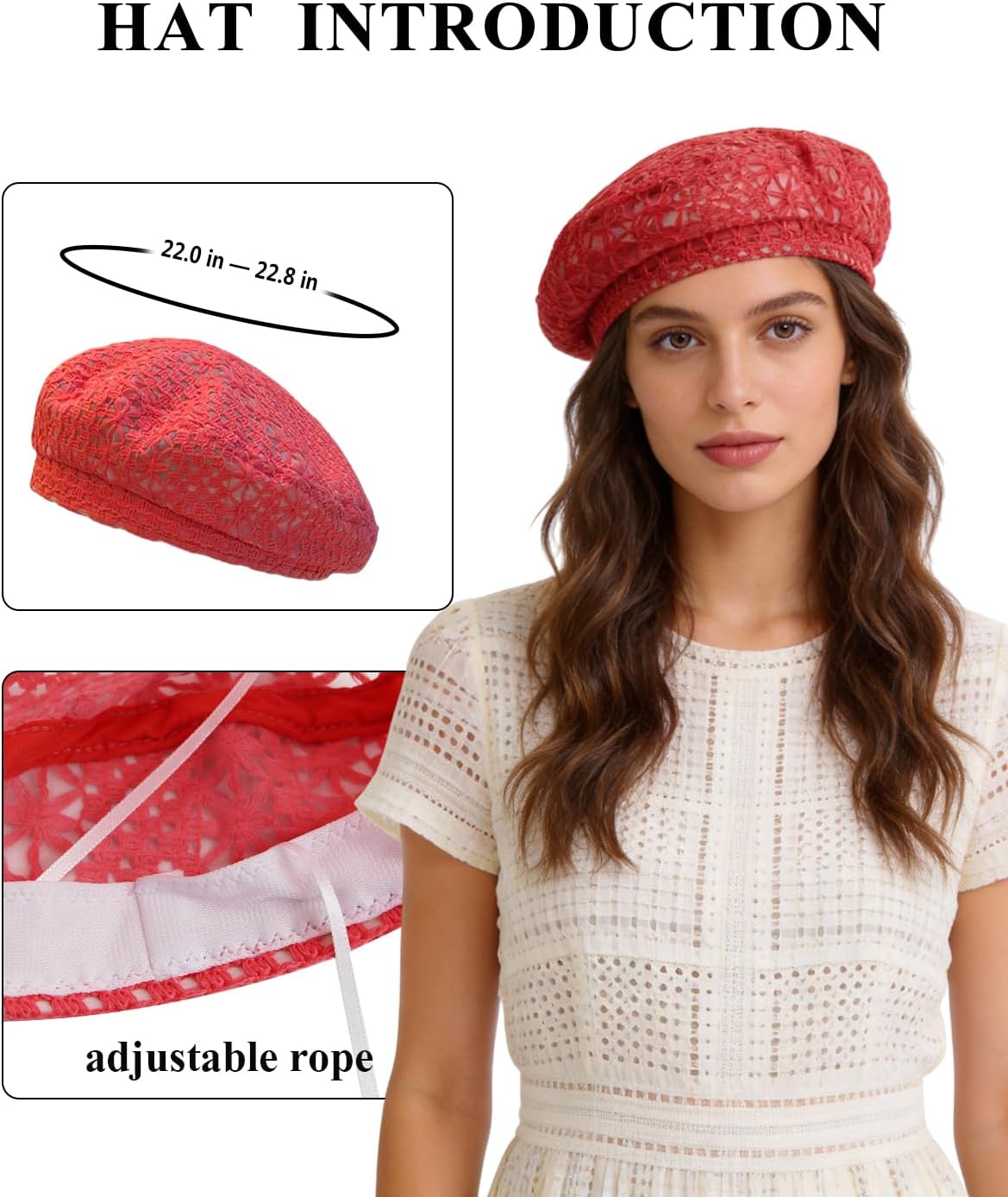 MOSSTYUS Boina ligera de encaje para mujer, diseño floral, transpir...