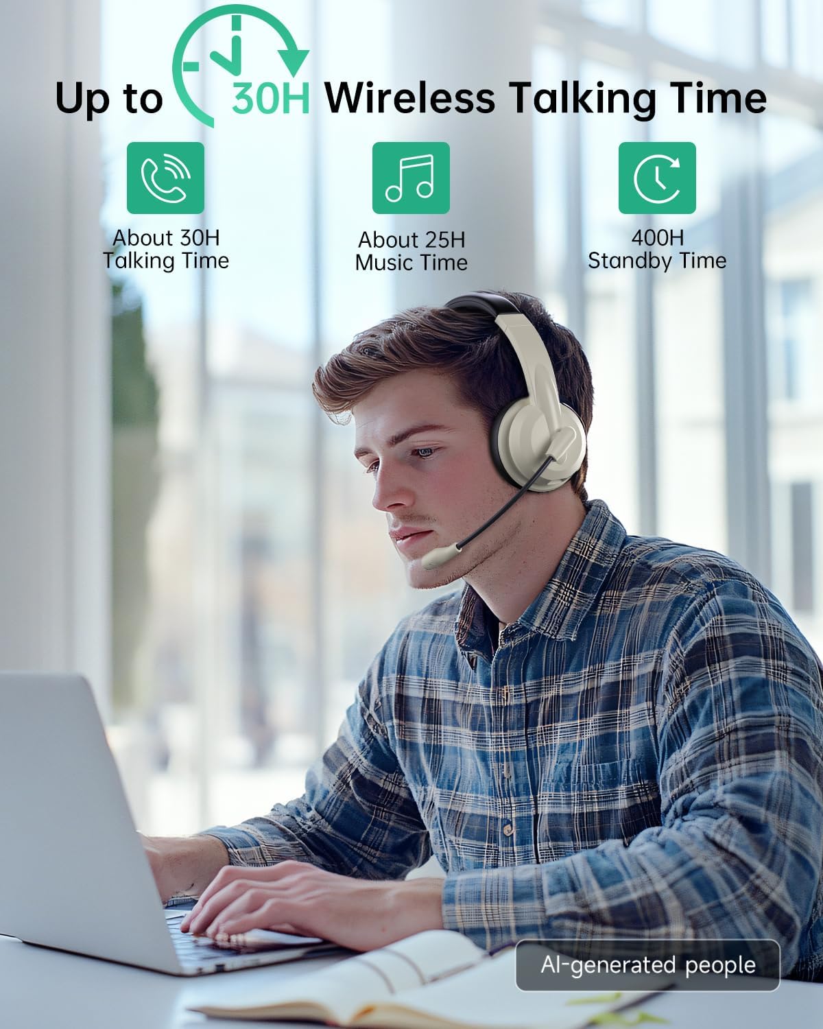 AOC Auriculares inalámbricos con micrófono para trabajo, cancelació...