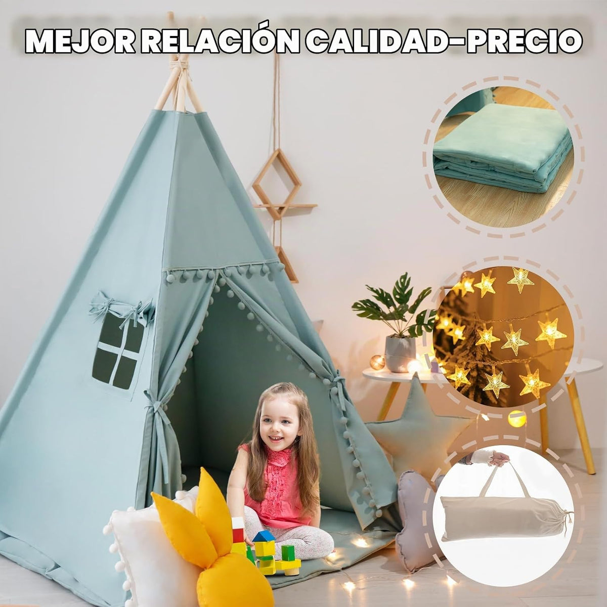 RONGFA Tienda de campaña tipo tipi para niños con alfombrilla, luce...