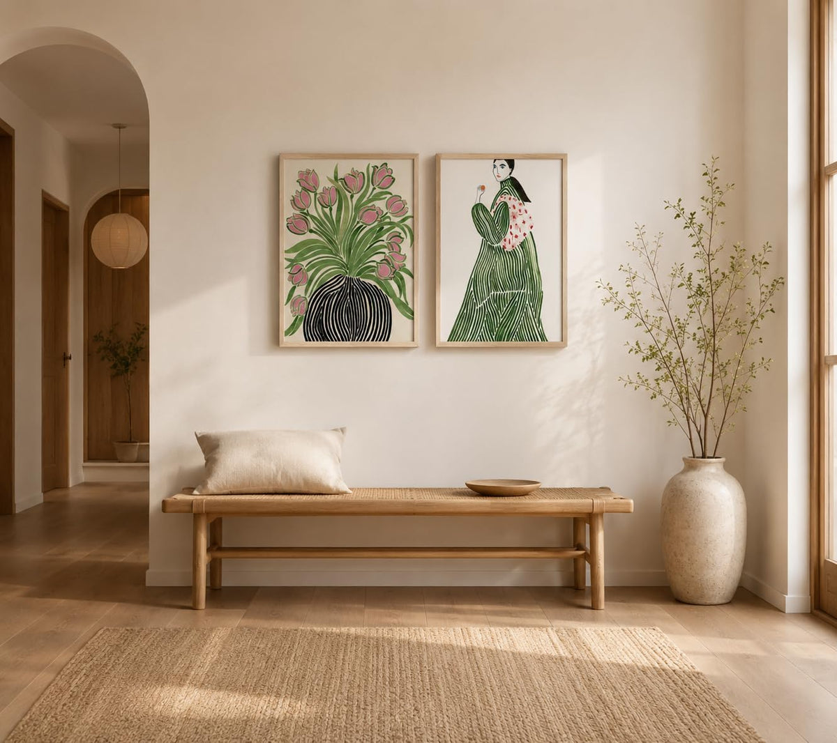 Lienzo enmarcado para pared, diseño de tulipanes, jarrón de mujer,...