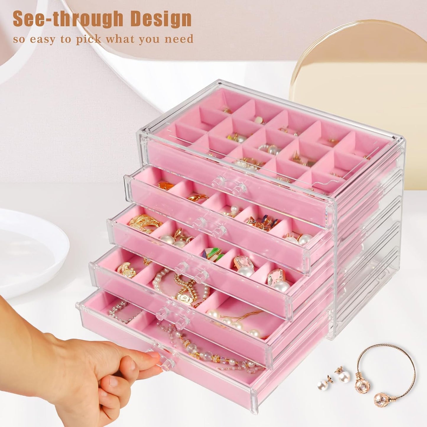 Joyero transparente con 5 cajones para mujeres y niñas, soporte de...