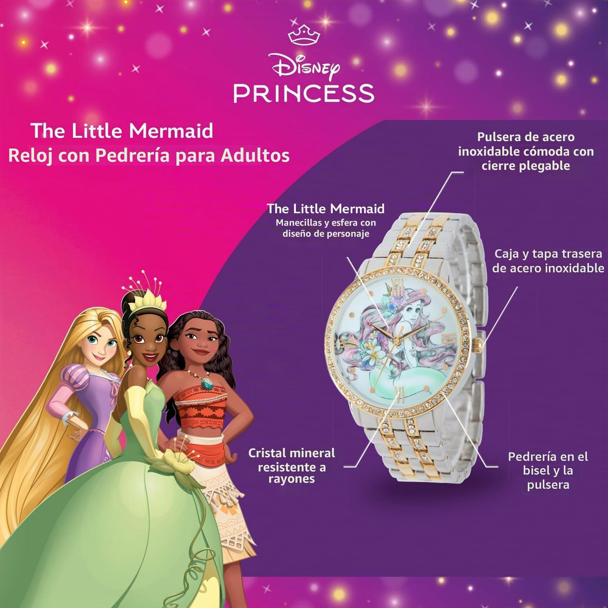Disney Reloj de cuarzo analógico redondo brillante para adultos