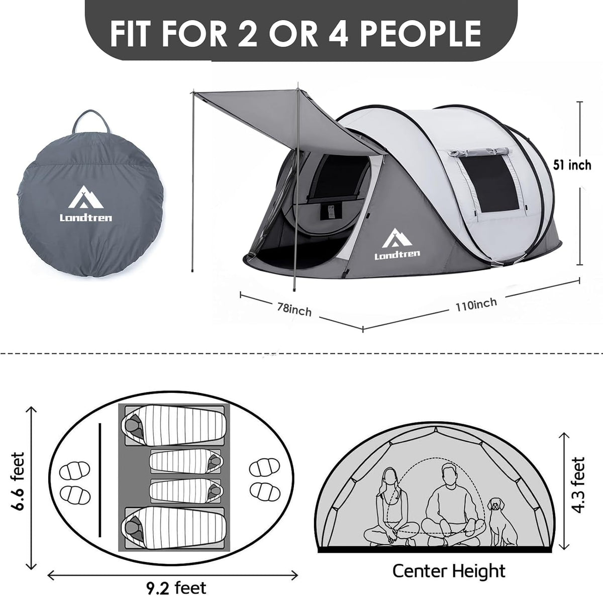 Tienda de campaña desplegable fácil para 4 personas, impermeable, c...