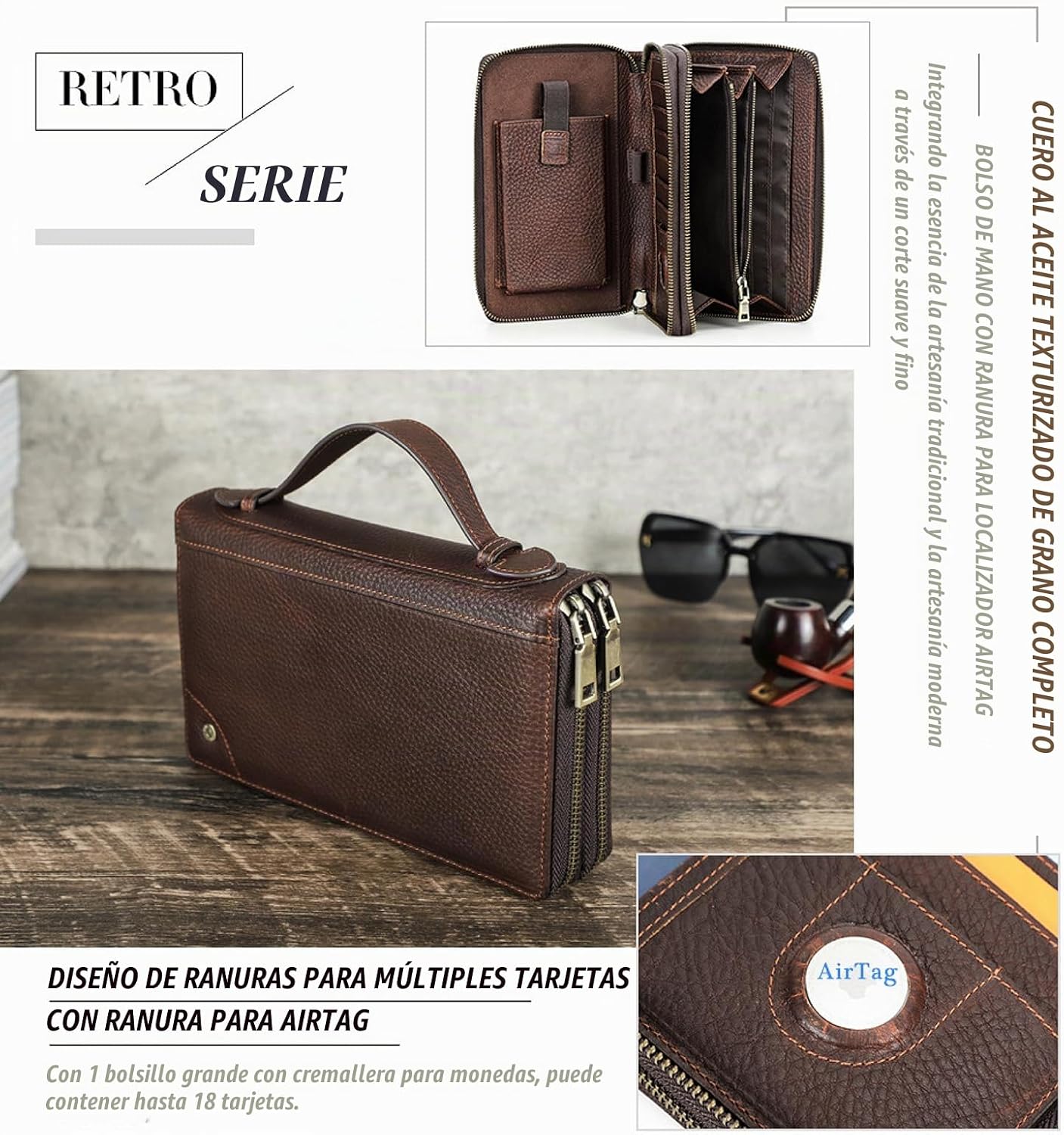 Cartera de cuero genuino de grano superior con cremallera para homb...