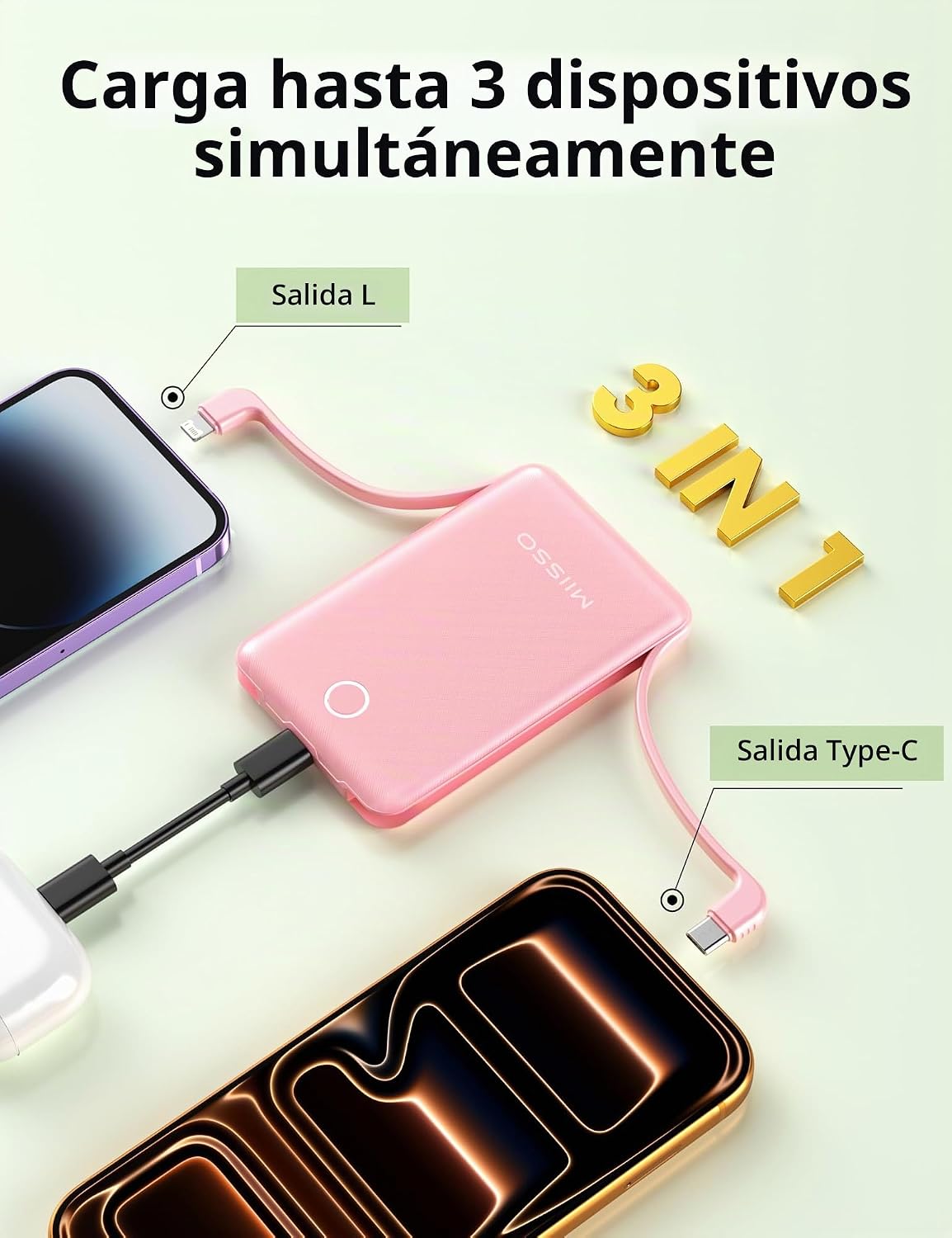 miisso 10000mAh Mini cargador portátil con cable incorporado, rosa...