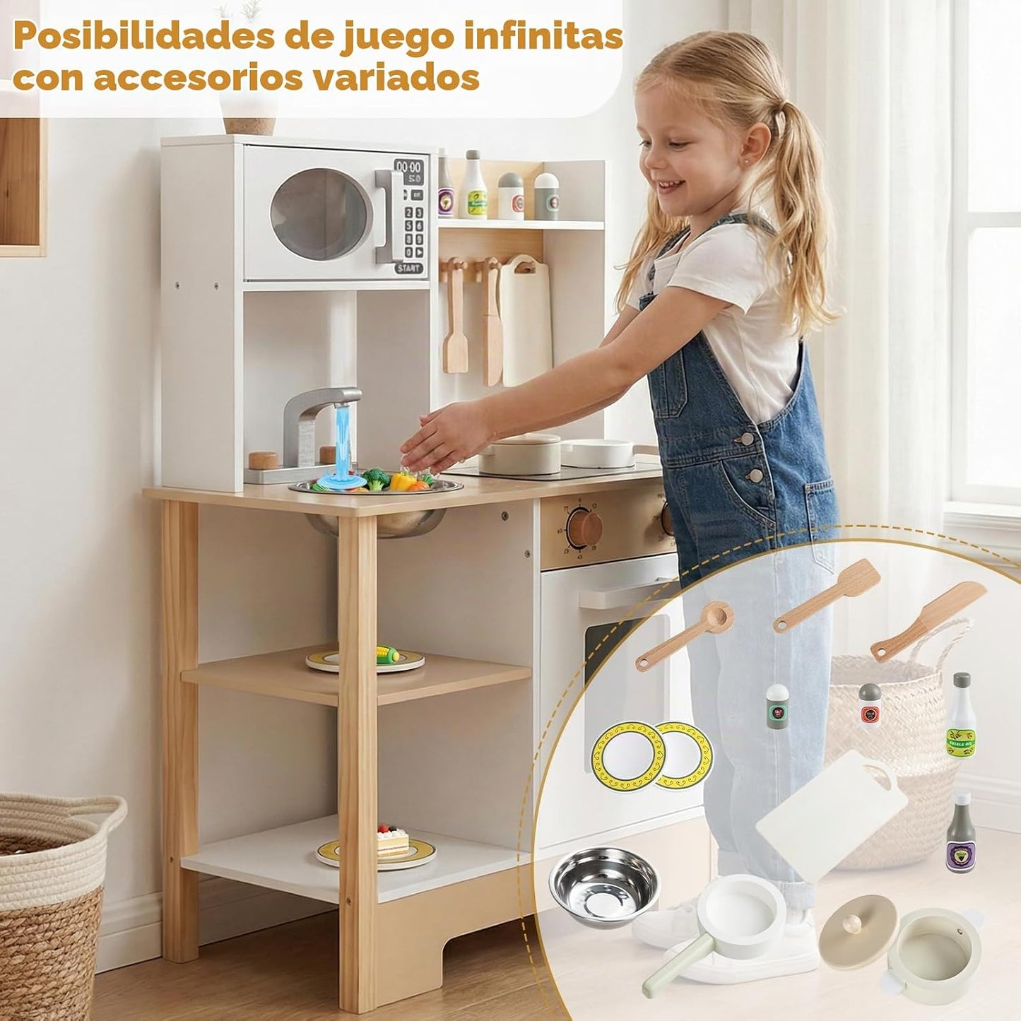 HONEY JOY Juego de cocina con pizarra, juego de cocina de madera pa...