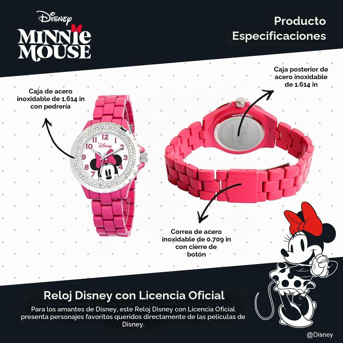 Reloj Disney Minnie Mouse para mujer, diseño clásico de Minnie Mous...