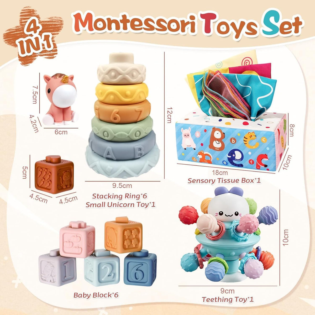 FEBALHS Juguetes Montessori para 6-12 meses, juguetes 4 en 1 para b...