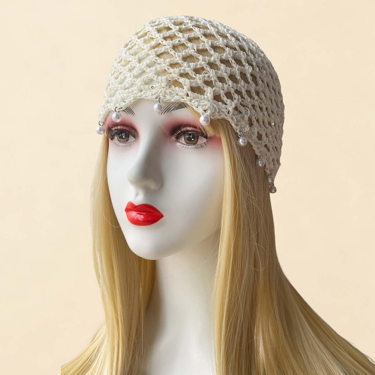 Qkxbxk Gorro de punto hueco con lentejuelas y perlas para mujer, es...