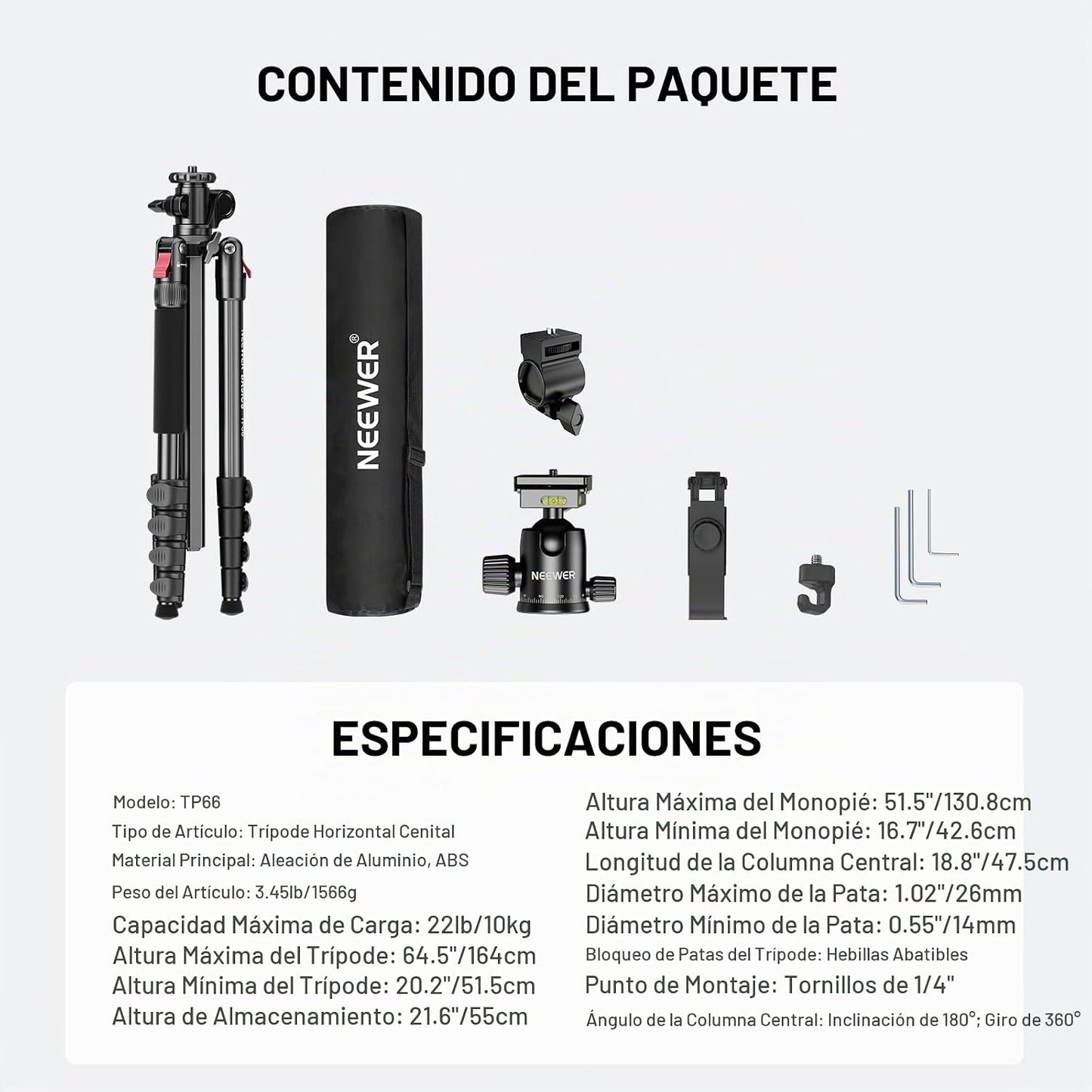 NEEWER Basics - Trípode monopié horizontal elevado de 64.5 pulgadas...