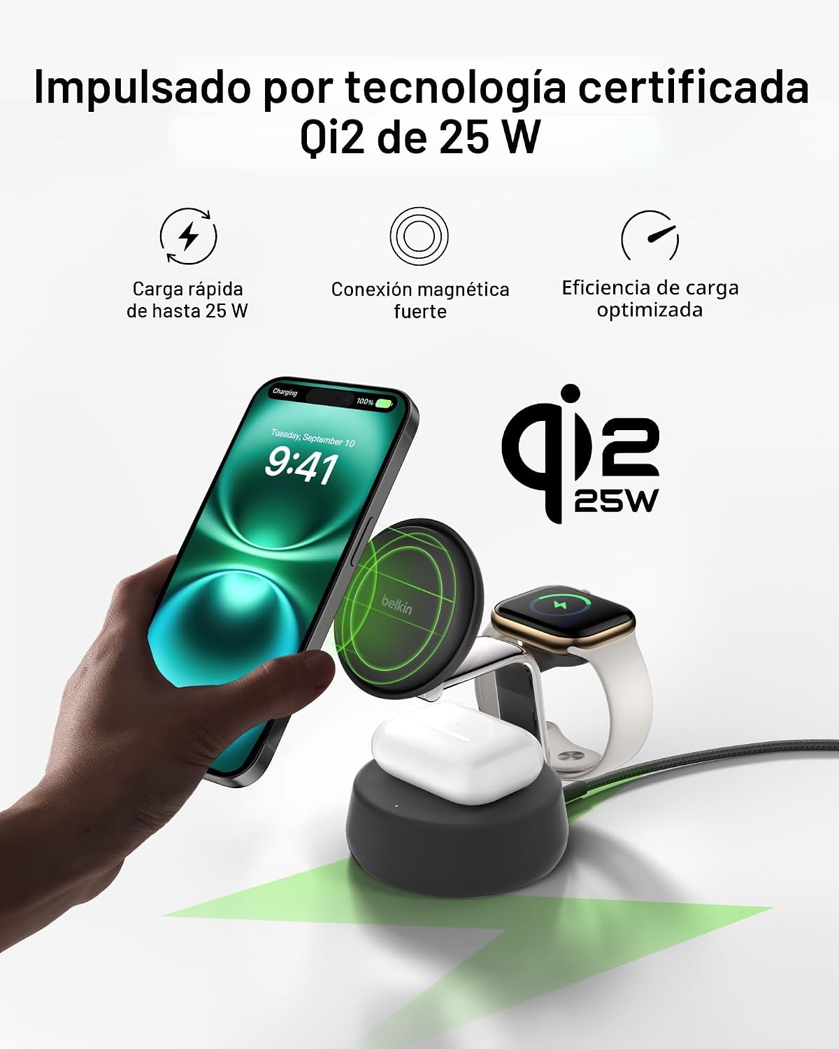 Belkin Cargador MagSafe compatible, estación de carga 3 en 1, Qi2.2...