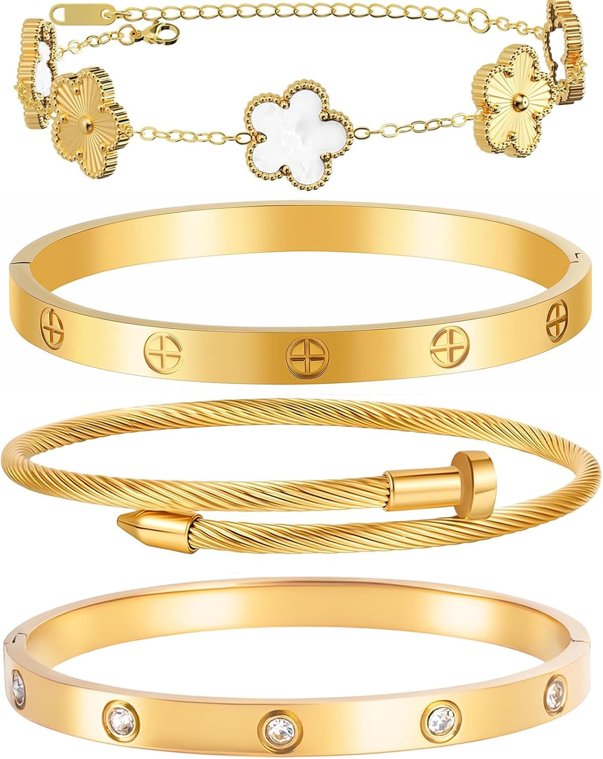 Ntutrxk Pulseras de oro para mujer - 4 piezas\/3 piezas, juego de p...